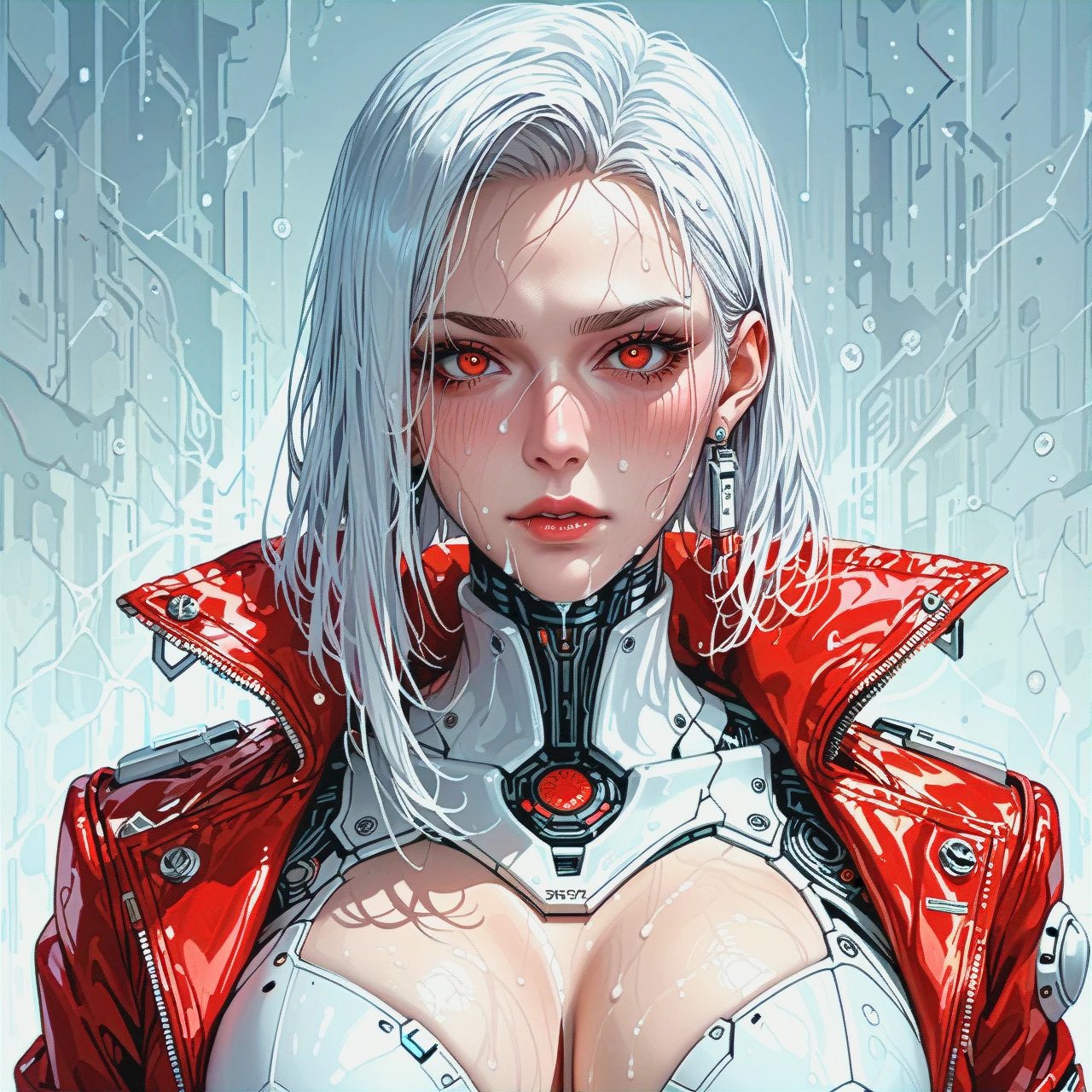 woman with white shoulder length hair. fair skin. big breasts. androoid. robot. red jacket. white robotic body. red eyes. calm expression. cold face. pale face color. no blush. no makeup.