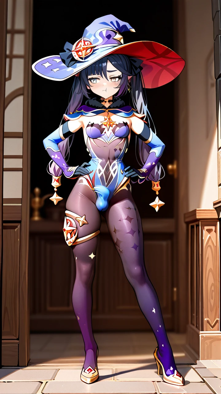 @mona, (otoko_no_ko), witch_hat, blue_hair, (grey_eyes), (pout), pointy_ears, elbow_gloves, penis_bulge, erection_under_clothes, (flat_chest), tights, highheels, slim_legs, (legs_apart), (hands_on_hips),