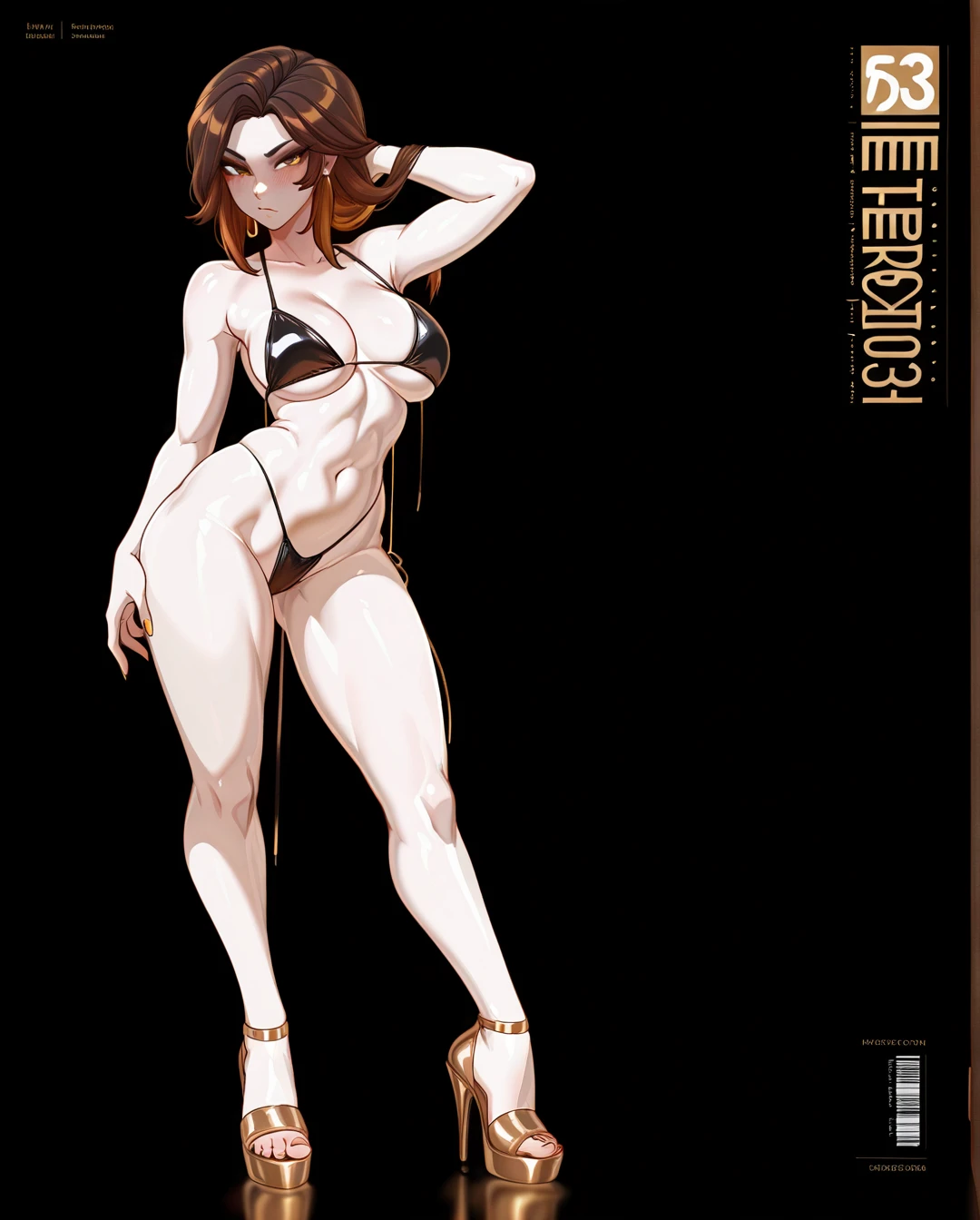 @meruccubus , brown hair, pale skin, long legs, (mature_female) , (standing) , black background, platfrom heels, mini bikini, g-string, (serious) , magazine cover, (makeup) , full body