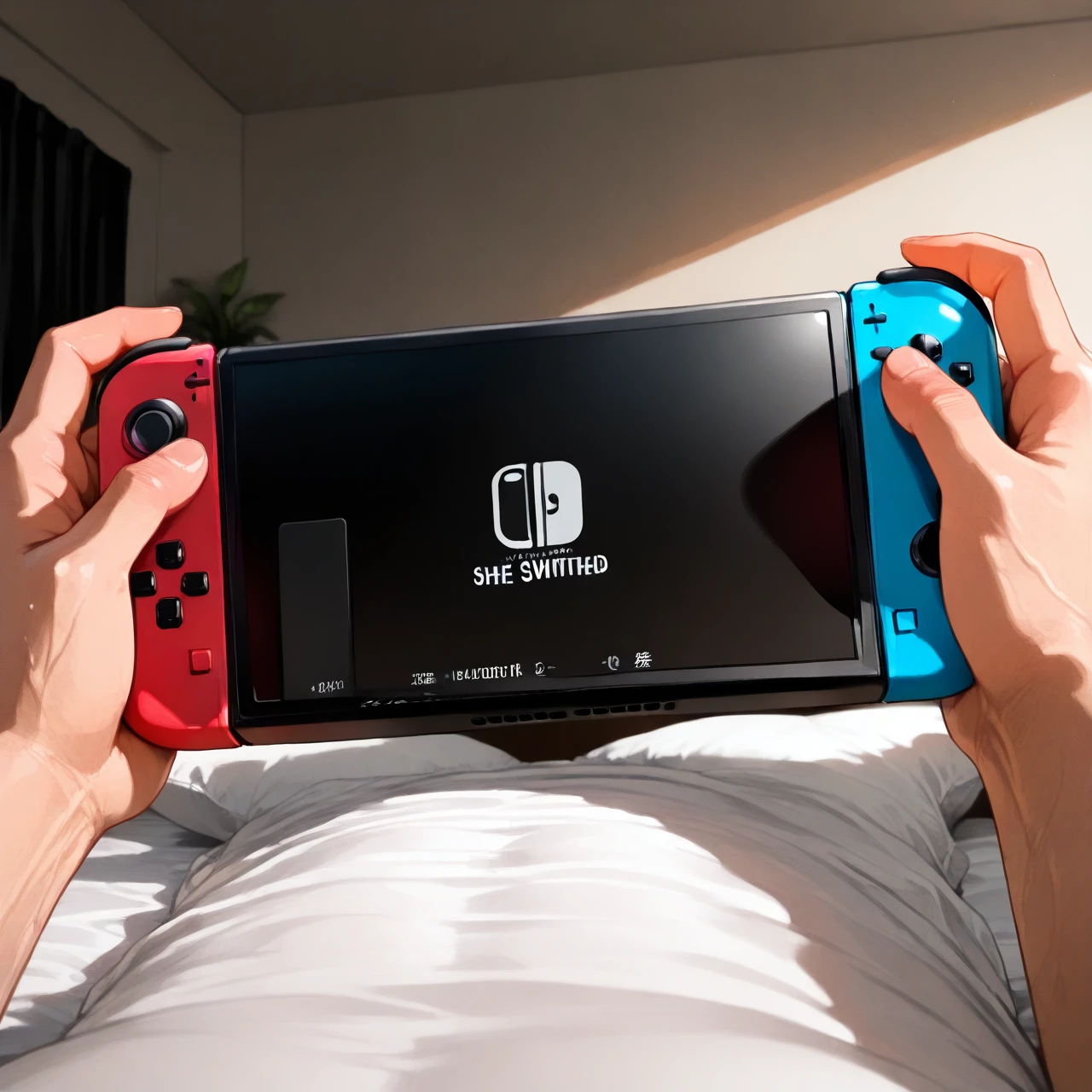 Guy licks on the bed and plays on the  Nintendo Switch, (full_body) , He looks at his console