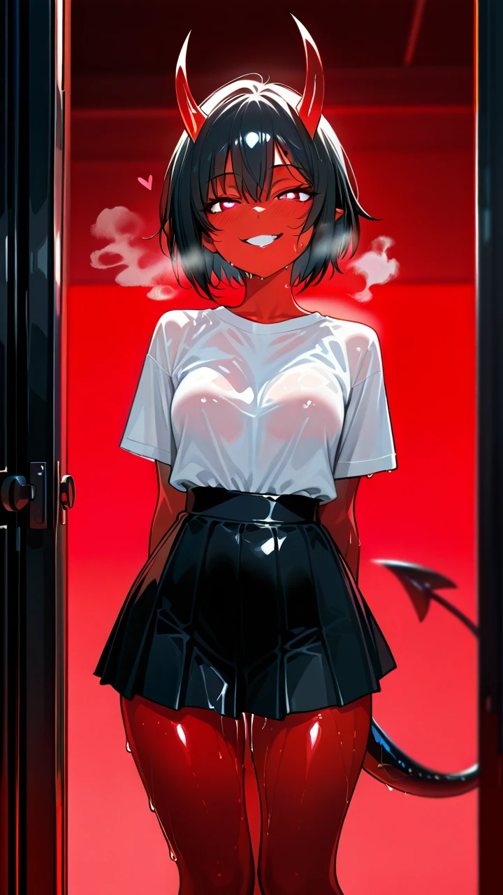 girl, red skin, horns, tail, lots of steam, black hair, skirt and shirt, horny, It's leaking , wet , (heavy_breathing) , (heart-shaped_eyes) , (naughty_face) , (full_body) , It stands exactly, He looks at me, legs wide apart, red lighting