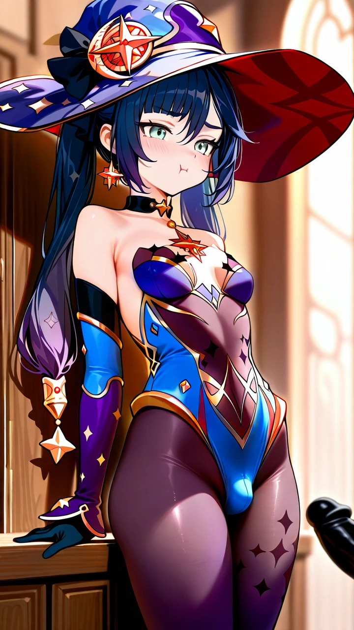 @mona, (otoko_no_ko), witch_hat, blue_hair, (grey_eyes), (pout), pointy_ears, elbow_gloves, penis_bulge, erection_under_clothes, (flat_chest), tights, highheels,