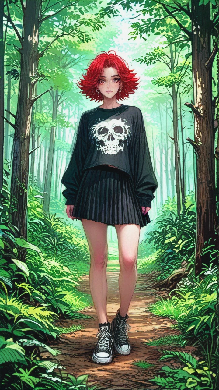 half neked goth, cute, at the forest, red hair, full body,