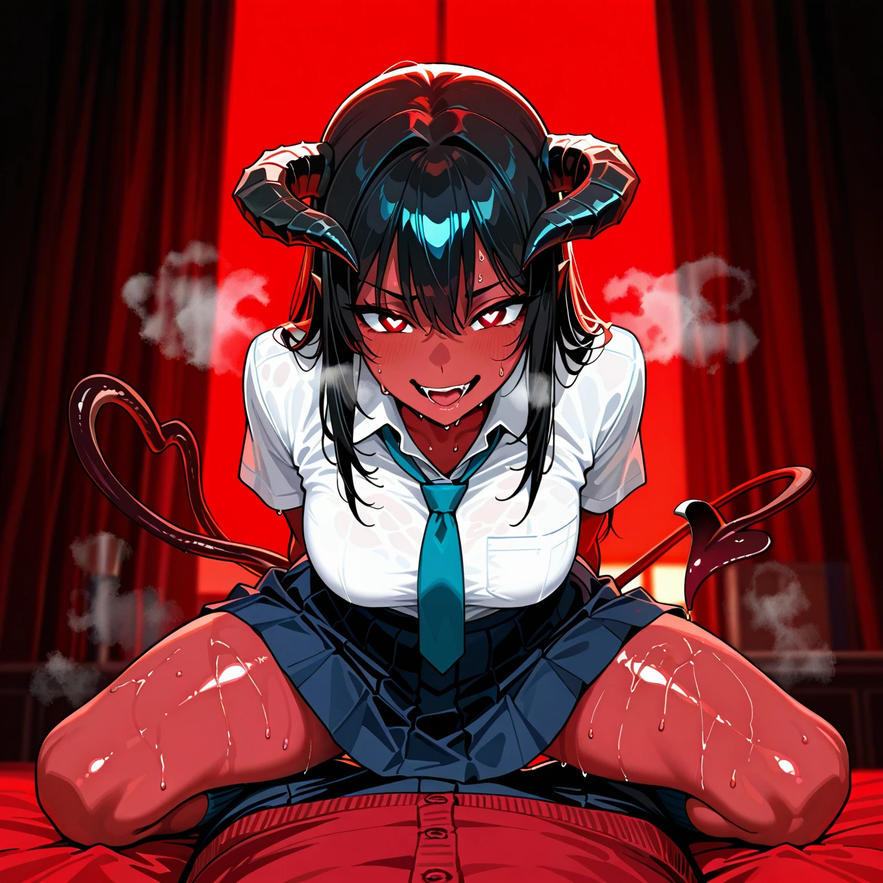 girl, dark red skin, The succubus's tail , horns of mueuba, lots of steam, black hair, school uniform, dry clothes, horny, It's leaking , sweating , (heavy_breathing) , (heart-shaped_eyes) , (naughty_face) , , (full_body) , He He stands straight with his back straight out with his legs apart, He looks at me, red lighting