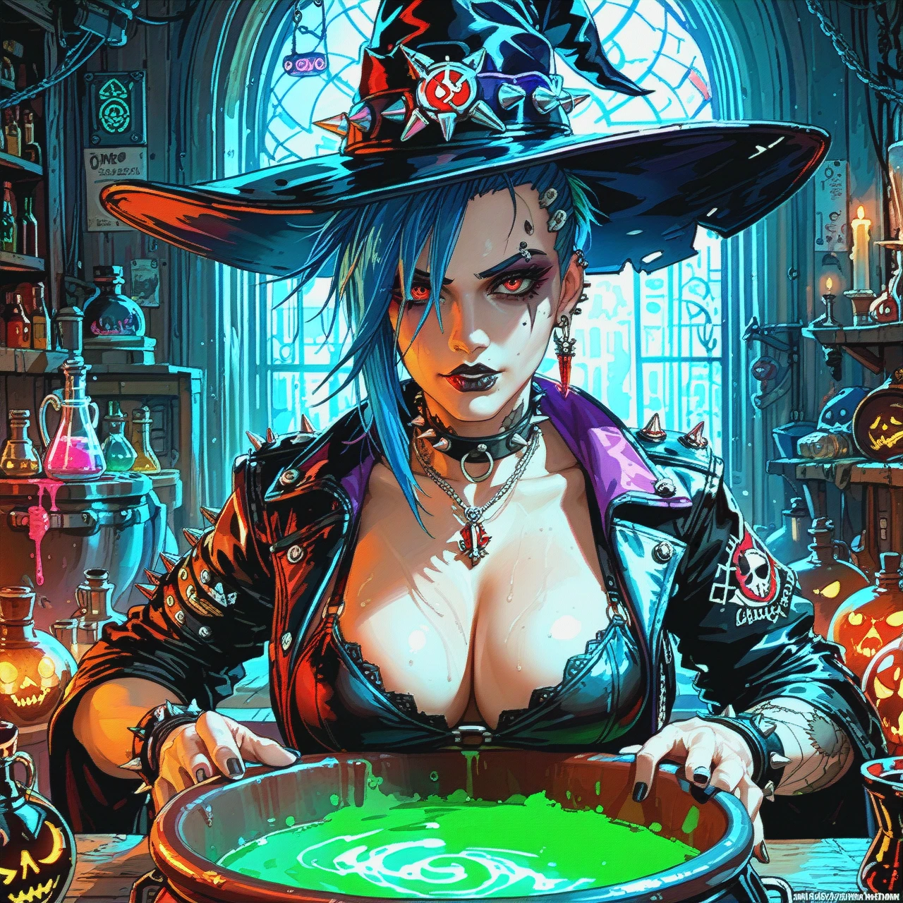 @junker_queen, woman in room, making a potion on cauldron, headphones, cleavage, neon, witch hat,