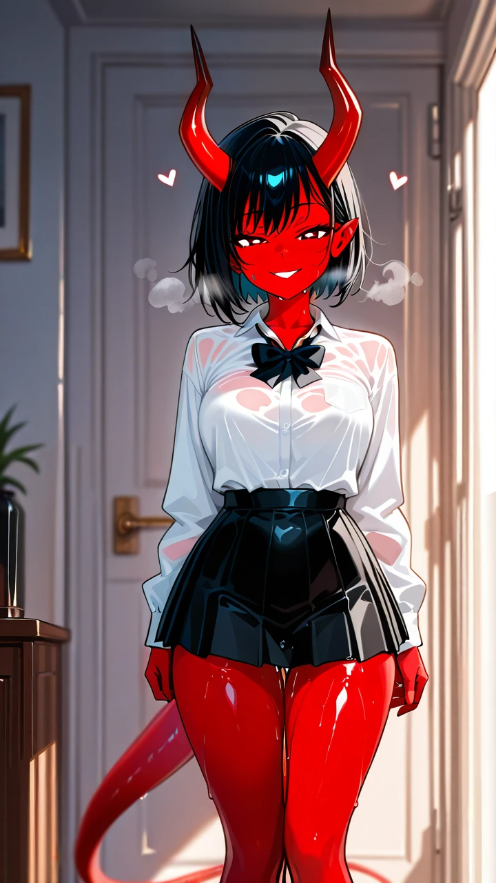 girl, red skin, horns, tail, lots of steam, black hair, skirt and shirt, horny, It's leaking , wet , (heavy_breathing) , (heart-shaped_eyes) , (naughty_face) , (full_body) , It stands exactly, He looks at me