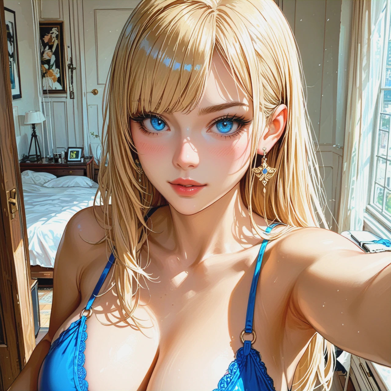 petite girl, blonde hair, blue eye, big breast, perky tits, sexy body, selfie, (presenting)