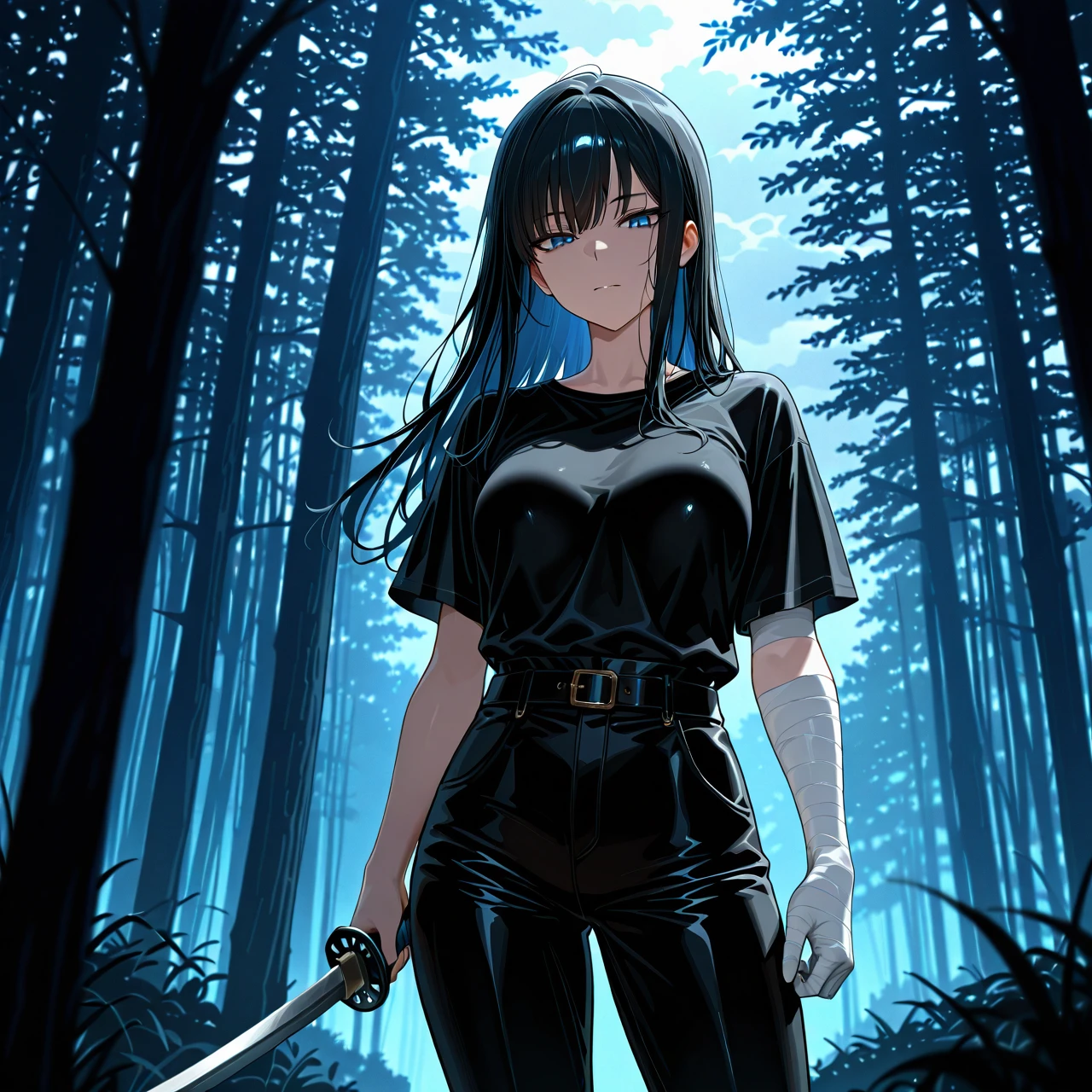 Long black hair. Big blue eyes. Black free pants. A black Open silk shirt at the neck. Bandages on his arms. Indifferent face. Night. Forest.  Dark. Night. Fog. Young. Black blue katana. Cloudy, no light coming through. No glare.