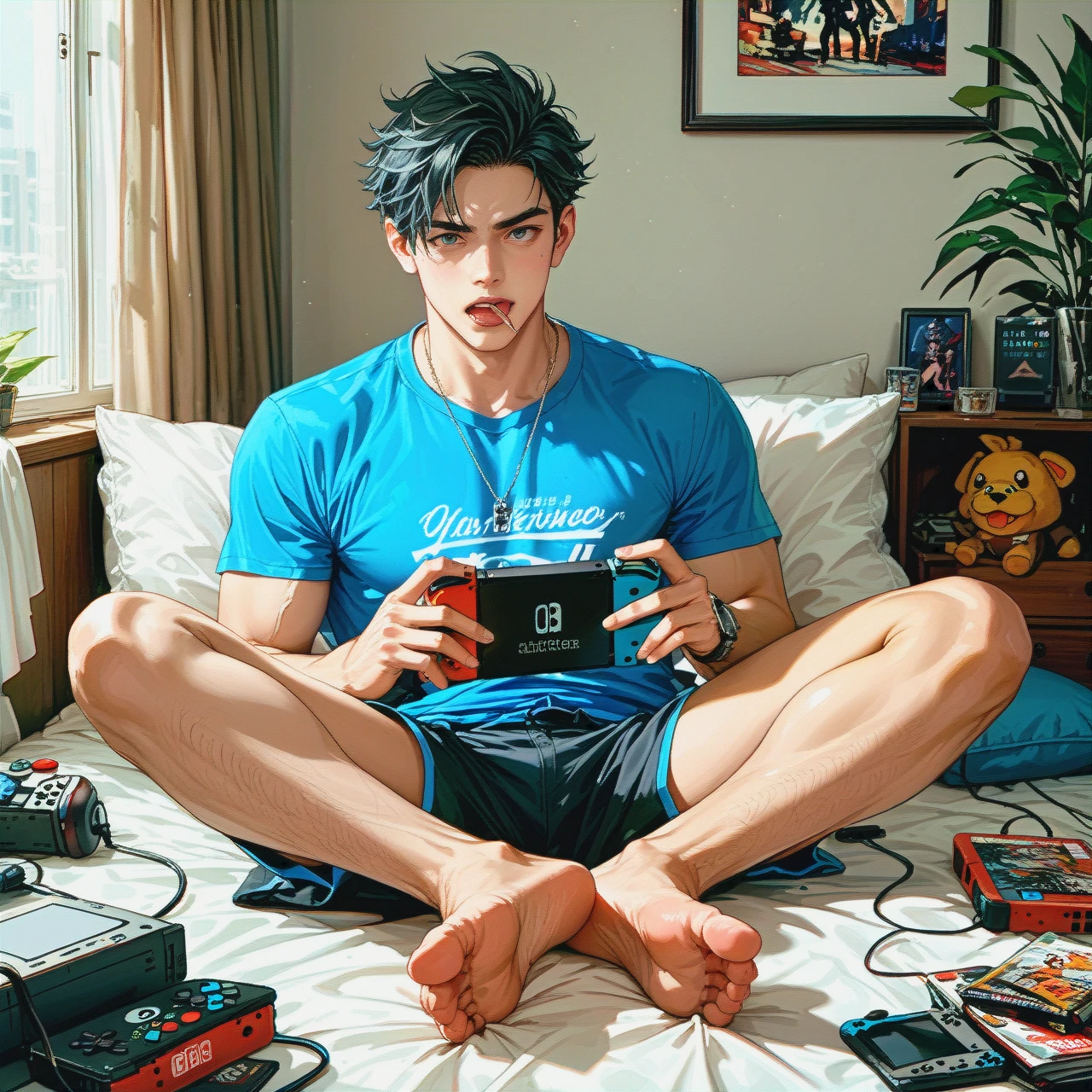 Guy licks on the bed and plays on the  Nintendo Switch, (full_body) , He looks at his consoles, teenager