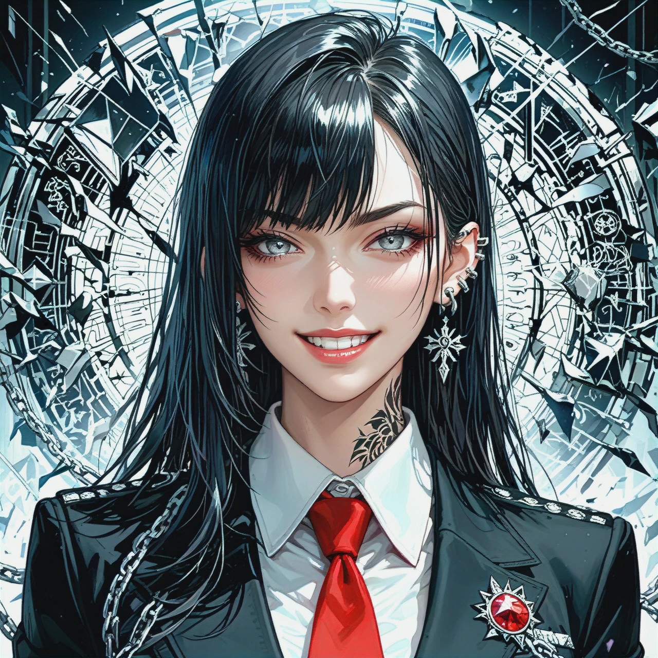 Female 30 years old. Long black hair. Gray eyes. Suit with red tie. Grin. Background broken mirror. Tattoo 3 diamonds under the eye on the face. Silver ear piercing chains.