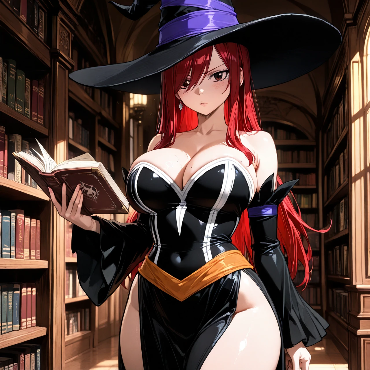 sexy sorceress costume, big sorceress hat, library, book in hand. @erza_scarlet