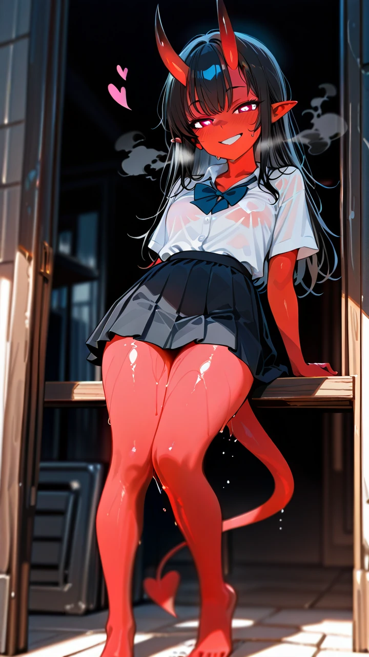 girl, red skin, horns, tail, lots of steam, black hair, skirt and shirt, horny, It's leaking , wet , (heavy_breathing) , (heart-shaped_eyes) , (naughty_face) , (full_body) , It stands exactly, He looks at me