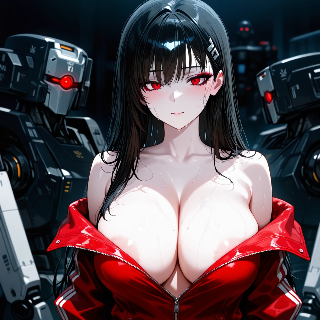 woman with white shoulder length hair. fair skin. big breasts. androoid. robot. red jacket. white robotic body. red eyes. calm expression. cold face. pale face color. no blush. no makeup.