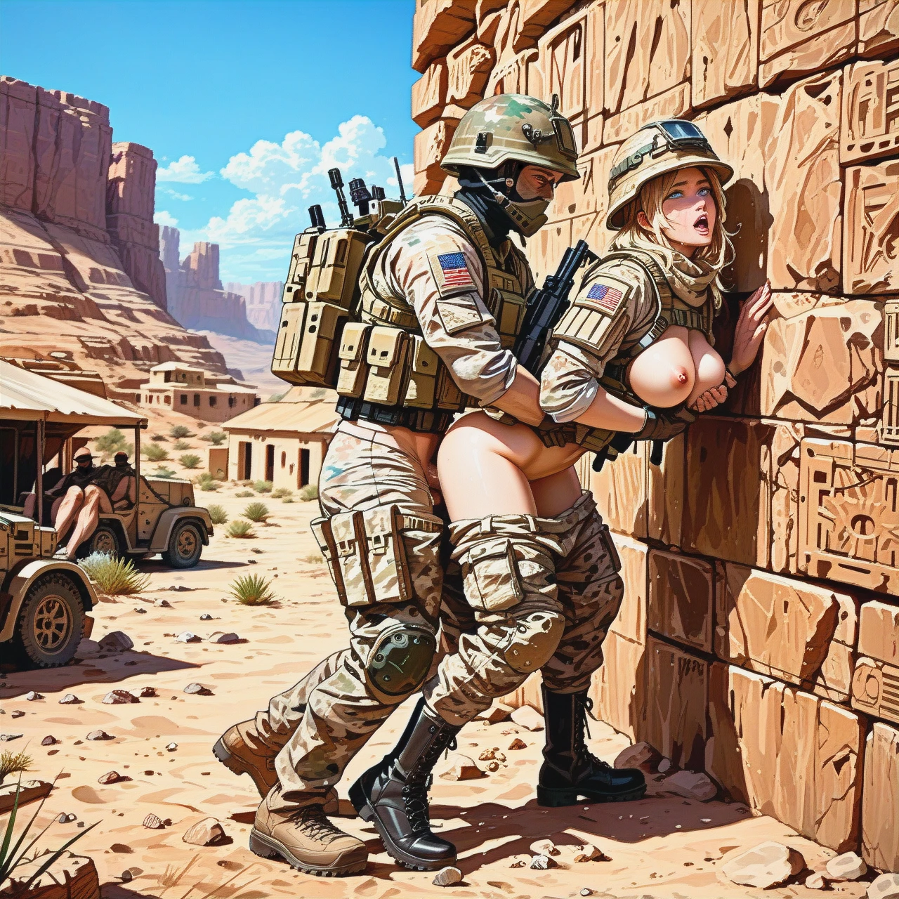 female soldiers, ultra detailed faces, cute face, blonde hair, blue eye, desert camouflage, body armor, Kevlar helmet, pants pulled down, boots, rough sex, holding tightly, expose breasts Sandbag wall, desert building