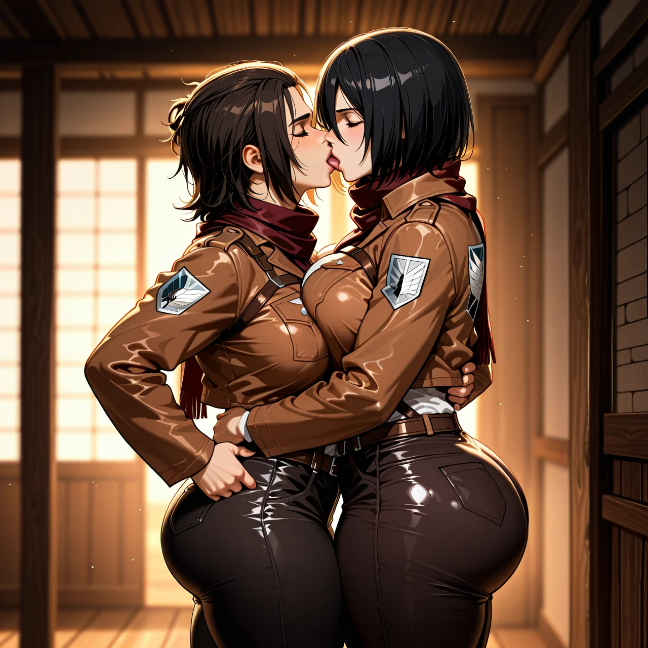 @gabi_braun , @mikasa_ackerman , 2girls, huge breasts, big ass, thick thighs, clothed,lesbian, standing, lipstick,carrying, kiss with tongue, kissing,eyes closed, hands on ass