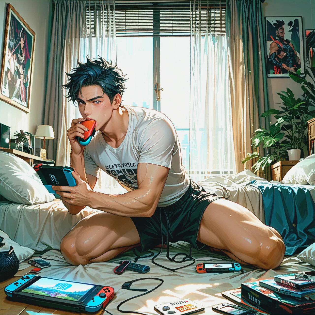 Guy licks on the bed and plays on the  Nintendo Switch, (full_body) , He looks at his consoles, teenager