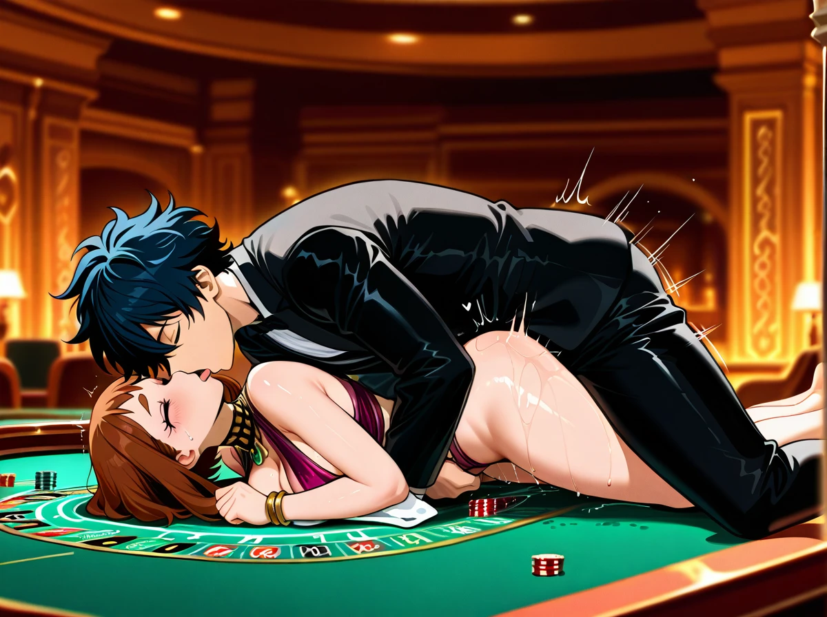 @uraraka_ochako, deep thrusting, anime style, plapping,sweaty,black elegant suit,,,,Submission,arabian male,ferocity,prone bone,(undressing),arabian night,(closed_eyes) ,kiss,(reach-around),moan ,in love,tongue kiss,,arabian makeup, casino table, roulette