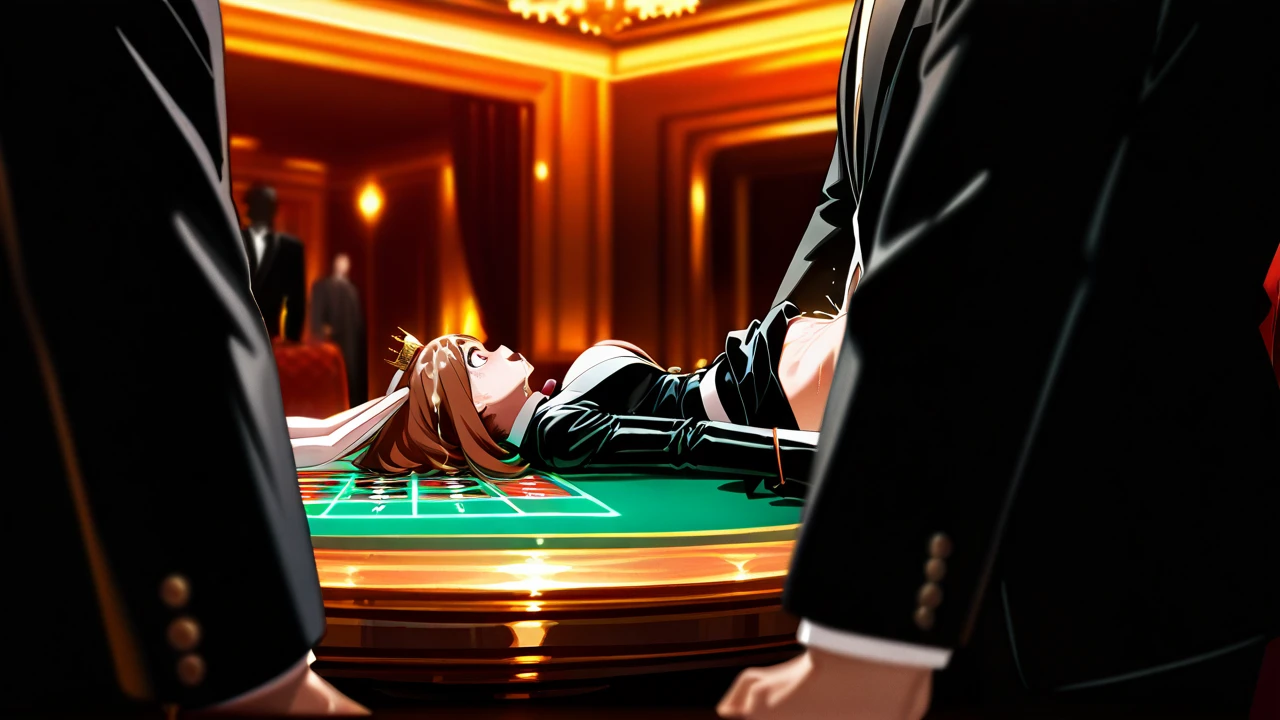 @uraraka_ochako wearing a elegant black jacket suit and a black skirt and a crown, gangbang, casino table, roulette,,, used as a toy, played, missionary, (deep_penetration),  gangbang,, evening time, front view,  cum_in_pussy, , jewels, cum_on_hair, bunny_ears, dices, (happy_sex)