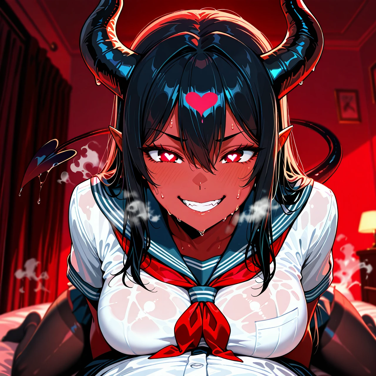 girl, dark red skin, The succubus's tail , horns of mueuba, lots of steam, black hair, school uniform, no shoes, dry clothes, horny, It's leaking , sweating , (heavy_breathing) , (heart-shaped_eyes) , (naughty_face) , , (full_body) , It stands exactly, He looks at me, red lighting