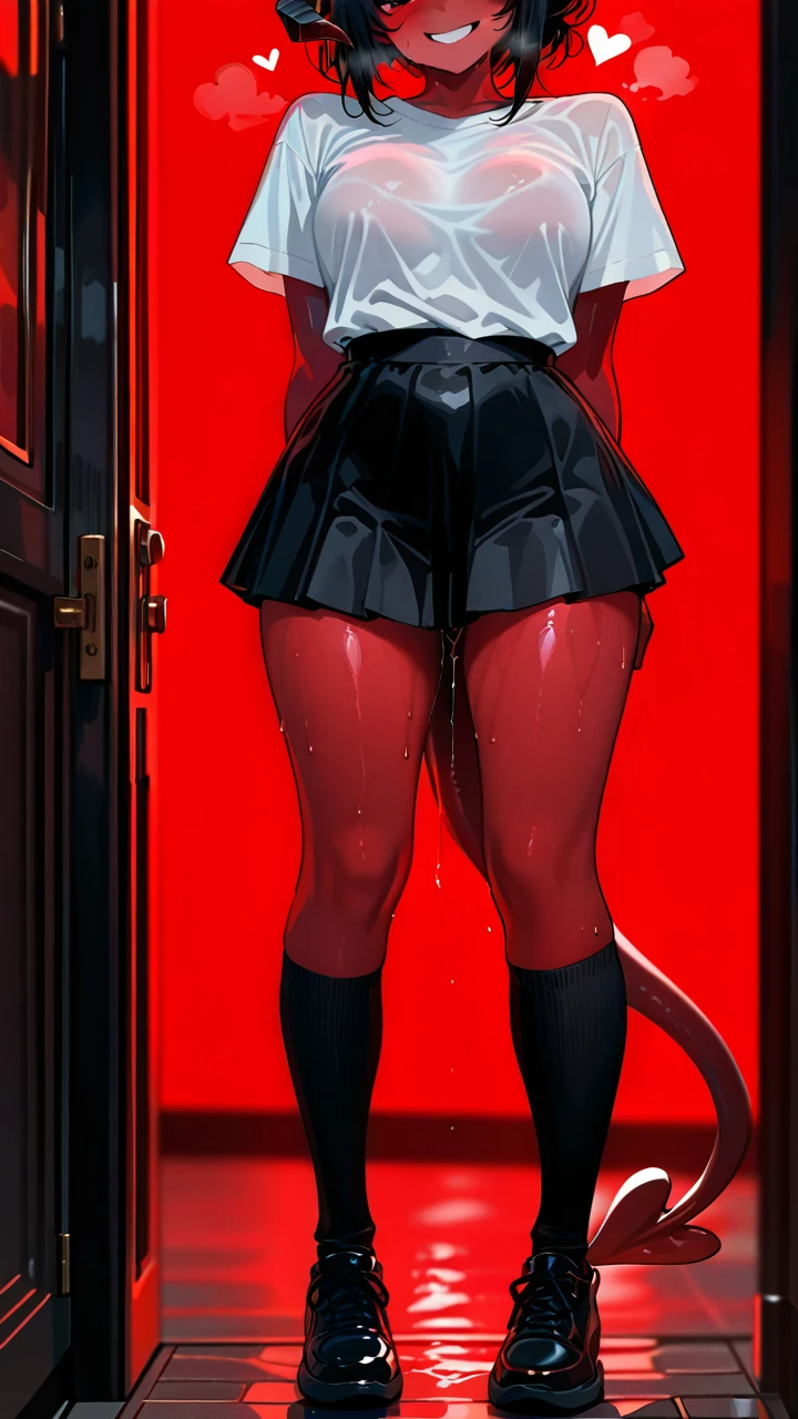 girl, red skin, horns, tail, lots of steam, black hair, black skirt, white shirt, dry clothes, horny, It's leaking , sweating , (heavy_breathing) , (heart-shaped_eyes) , (naughty_face) , , (full_body) , He stands with his legs apart, He looks at me, red lighting