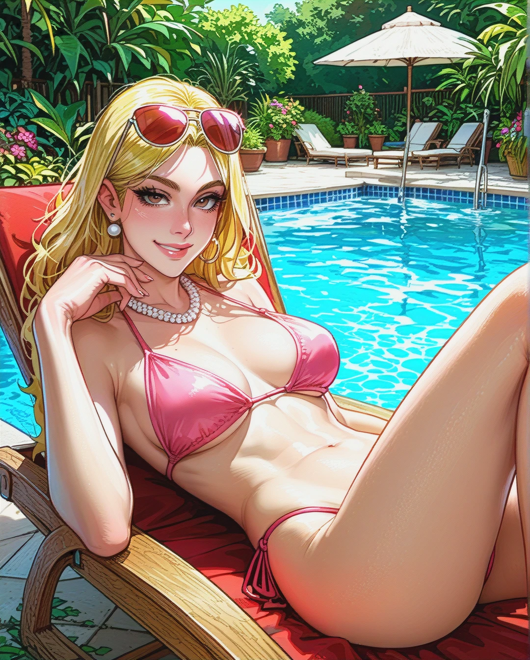 francine smith from american dad, blonde hair, smiling, pink bikini, thong pulled high up on hips, sunglasses on head, pearl necklace, holding cocktail, laying in deck chair, sunbathing, garden pool, sunny