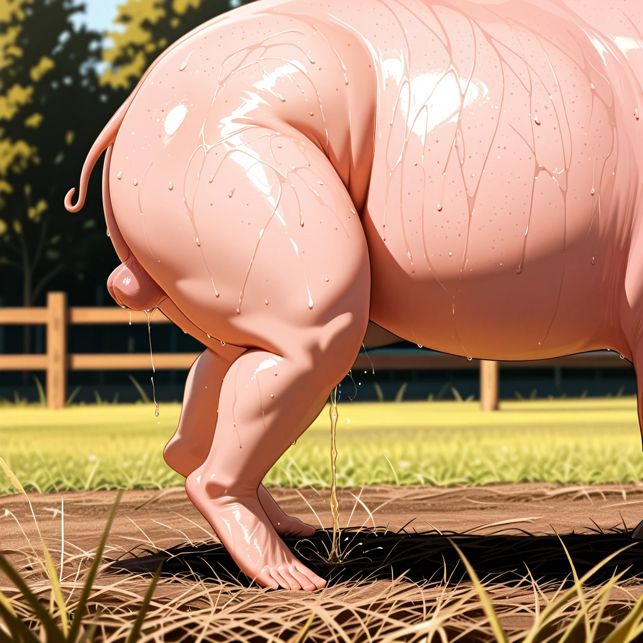 Standing Full Body,   (on_side) under pig, tiptoeing, naked  , (blowjob: 1.3), giant pink pig, pig double her size,   at farm , blonde girl body closeup, full body from side , ass visible, looking up at pig