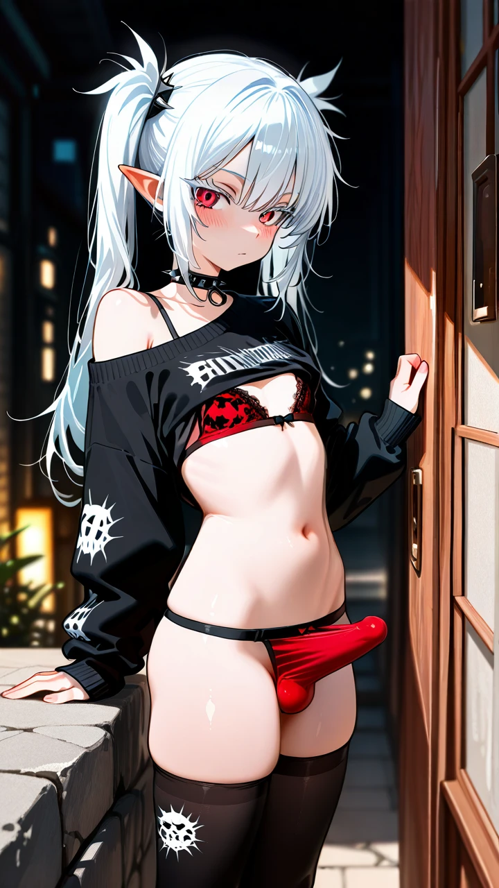 (otoko_no_ko), (red_eyes), white_eyelashes, white_hair, long_hair, twin_ponytails, pointy_ears, choker_with_spikes, black_sweater, pants, one_shoulder_naked, thighhighs, rock_print, (bra), penis_bulge, erection_under_clothes,