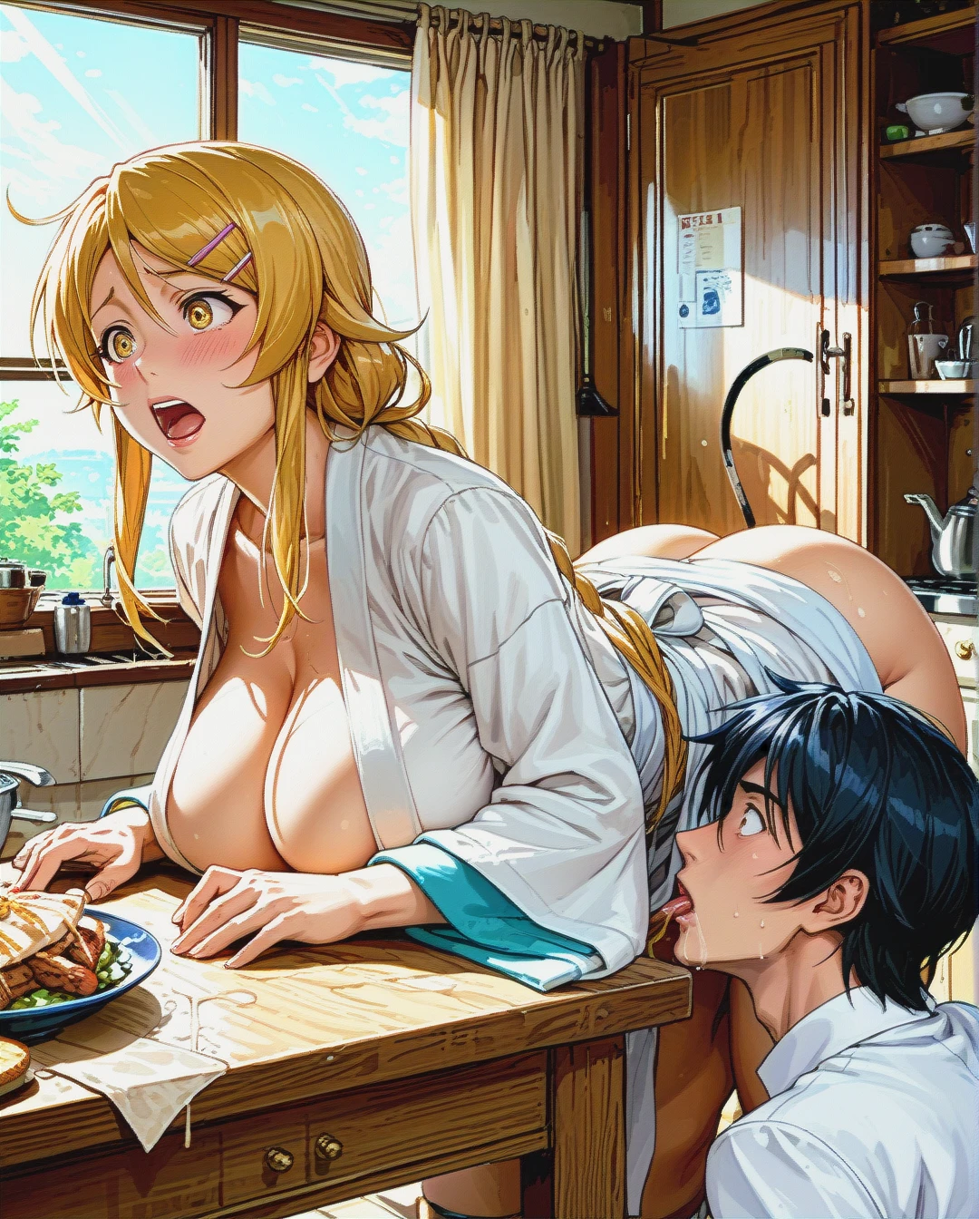 Blonde milf, long tied hair, huge breasts and ass, curvy, yellow eyes, wearing white bathrobe, table humping, surprised, moaning, blonde fourteen years old miniboy, her own son, 1girl,1boy, in kitchen, (cunnilingus) , @kousaka_kyousuke ,