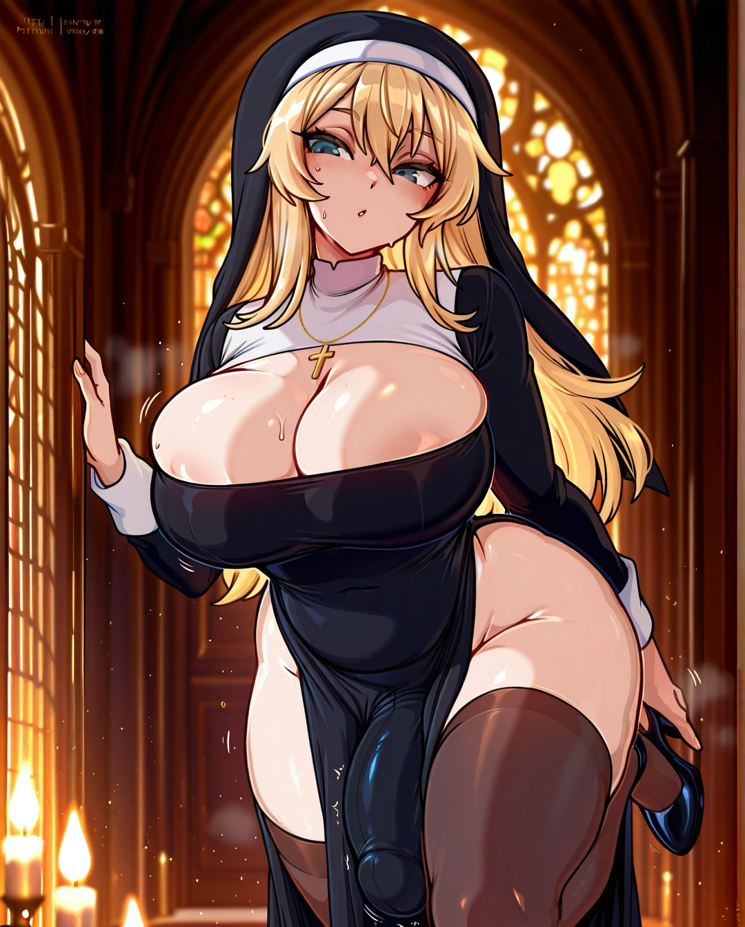 merunyaa, wide hips, blonde, long hair, (gigantic_breasts), neckline, (sagging_breasts), (plump), tight nun outfit, stockings, (futa_with_newhalf), hung futa, gigantic cock bulge, large cock, veiny cock, heels