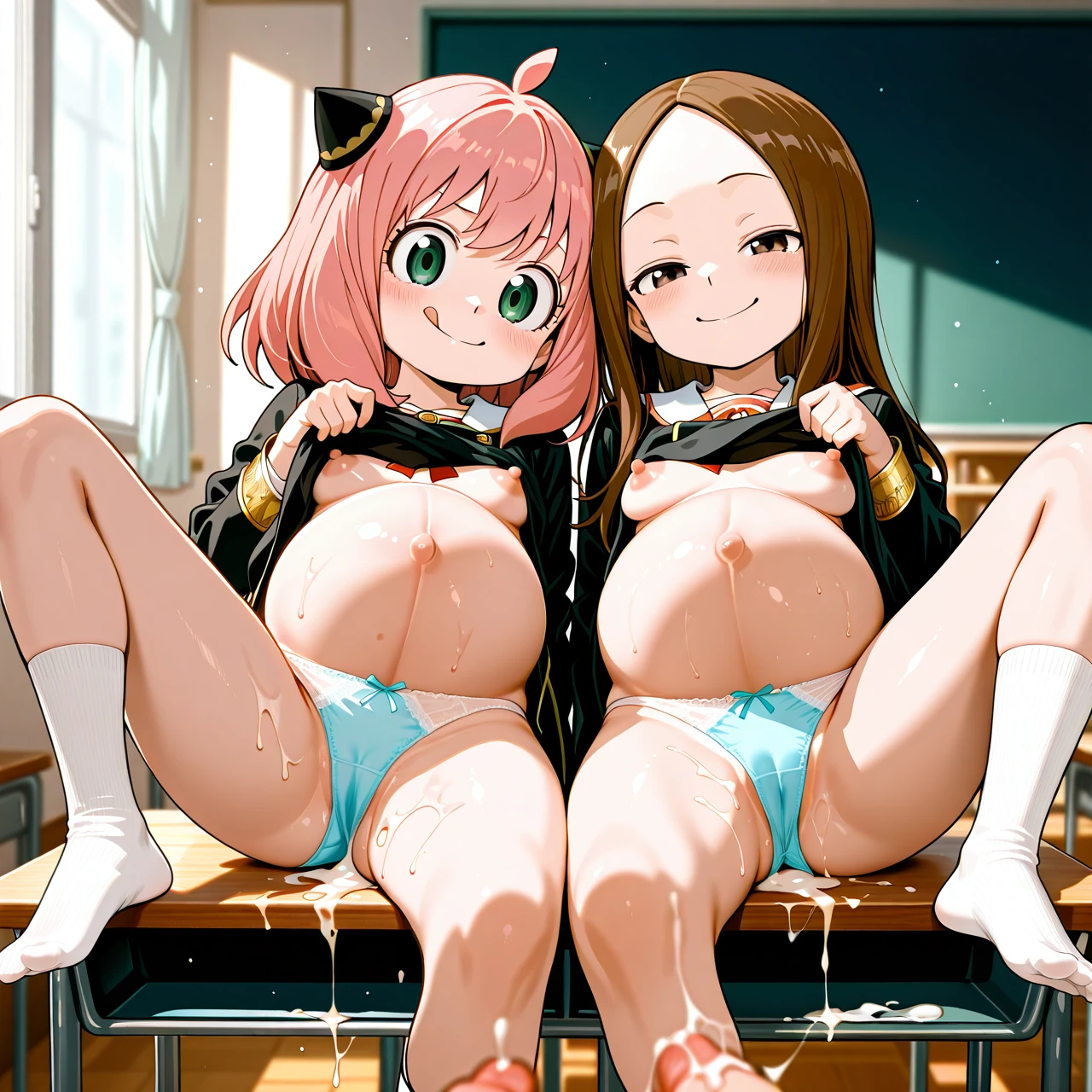 @anya and @takagi-san, 2girl  in clothing, school, classroom, front view, (smug), They show you their panties by lifting their clothes, threesome, together, Cooperative, The three of them lift their skirts and show you their panties, (licking_foot), socks, nipple , puffy nipple, pregnant , cum in (shared_food)