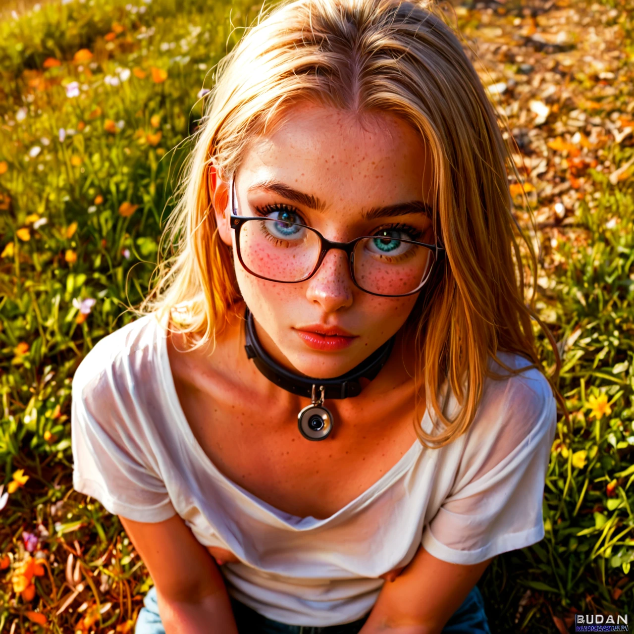 (One_girl), (flat_chest), (glasses), (blonde), (sitting on the ground), (subject is viewed from above), (camera man is standing over subject), (freckles), (blushing), (flustered), (subject is wearing a loose shirt), (the nipples of the subject can be seen down the collar of the loose shirt), (big eyes)