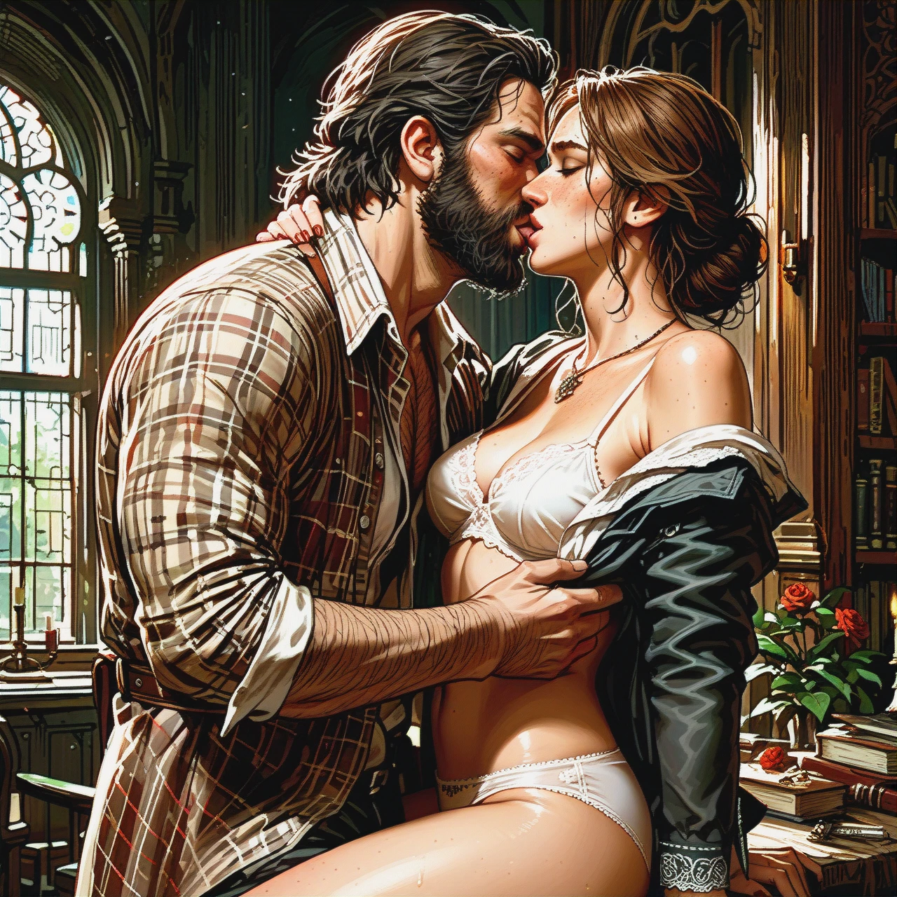 , man and woman, (kissing_neck), size difference, bearded sheriff, red dead redemption , (undressing) , (sex) , wild, passionate, panties,