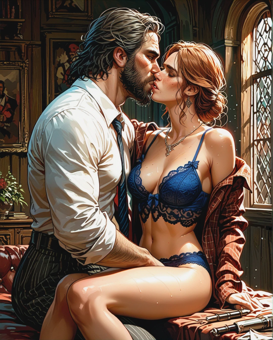 Sitting, man and woman, (kissing_neck), size difference, bearded sheriff, red dead redemption , (undressing) , (sex) , wild, passionate, panties,