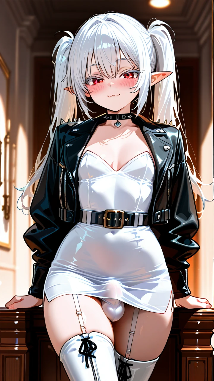 (otoko_no_ko), white_hair, (red_eyes), long_hair, leather_jacket, leather_skirt, white_eyelashes, pointy_ears, twin_ponytails, :3, (blush), white_dress, (bustier), leather_belts, puffed_sleeves, white_high_thigh_boots, choker_with_spikes, garter_straps, penis_bulge,