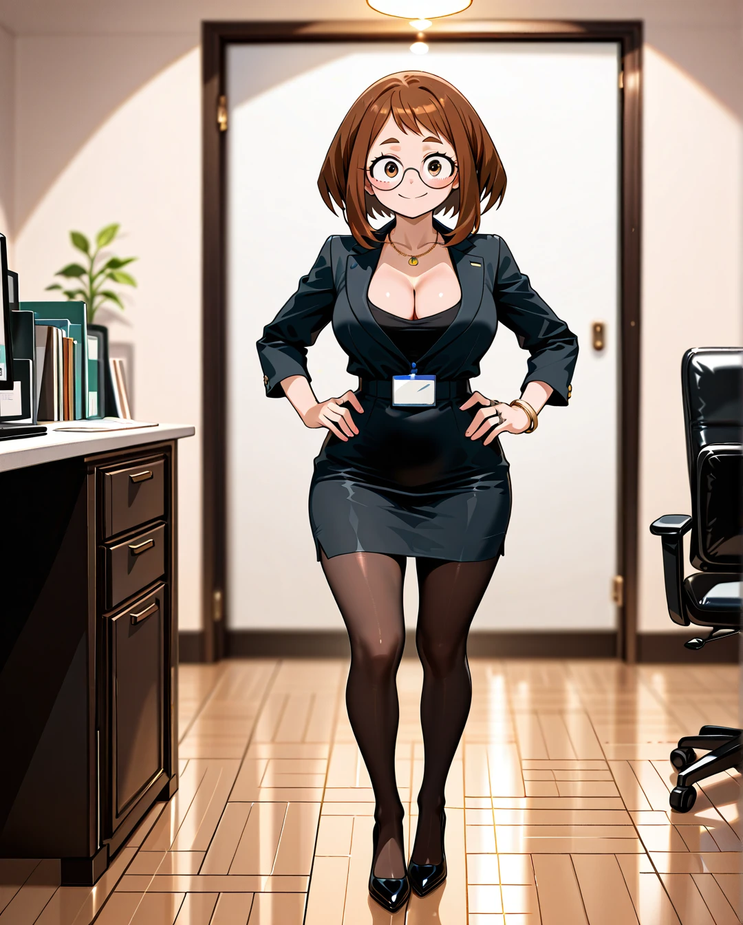 @uraraka_ochako ,1girl, skirt, solo, pantyhose, breasts, high_heels, brown_hair, hands_on_hips, jewelry, cleavage, shirt, necklace, long_hair, brown_eyes, smile, looking_at_viewer, black_footwear, full_body, standing, pencil_skirt, bracelet, indoors, black_shirt, office_lady, black_pantyhose, chair, large_breasts, high-waist_skirt, long_sleeves, brown_pantyhose,, ring, , circle_glasses