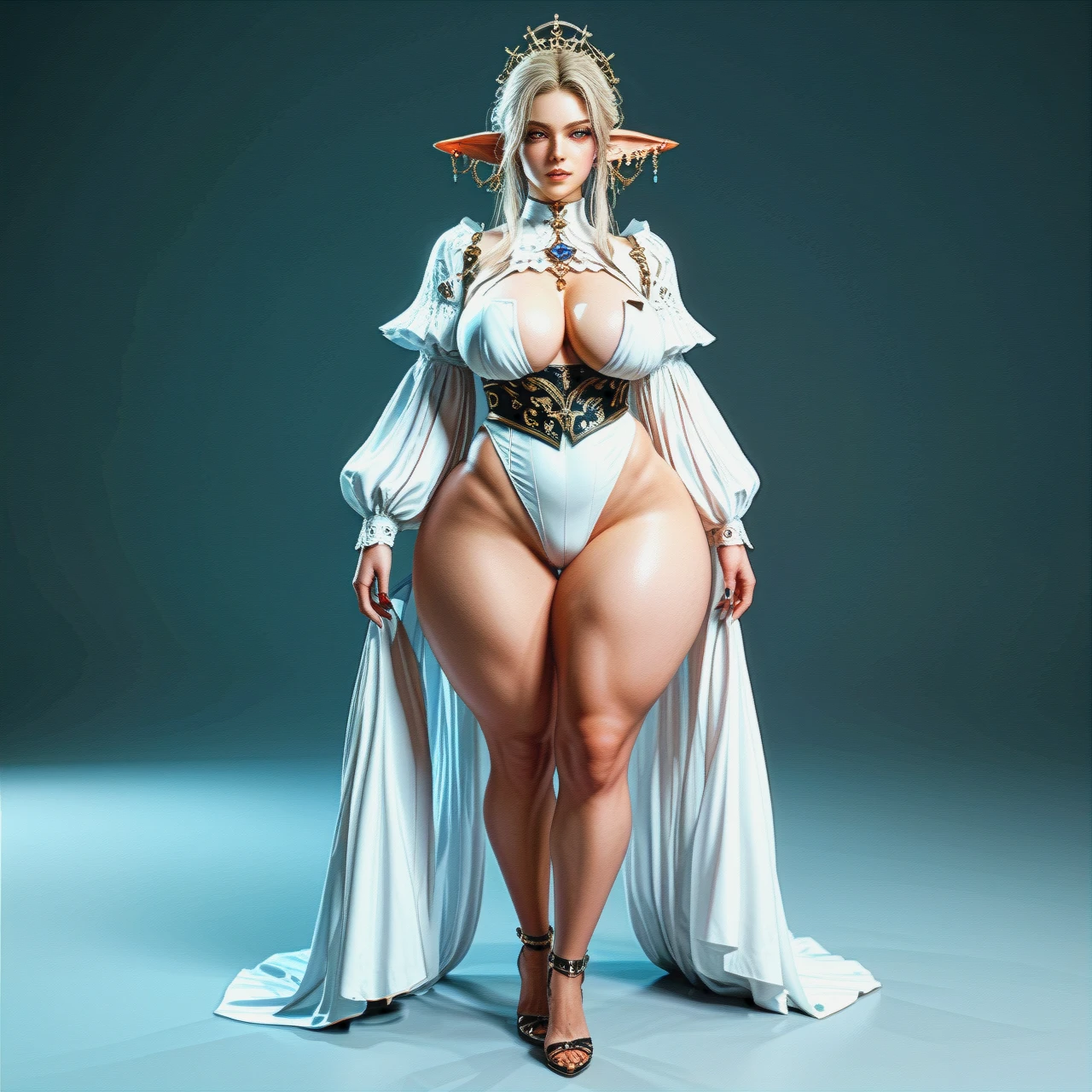 Sexy and seductive female goblin whit big ass, big boobs, big hips and big thighs, curvy body detailed, full body front view,3d render