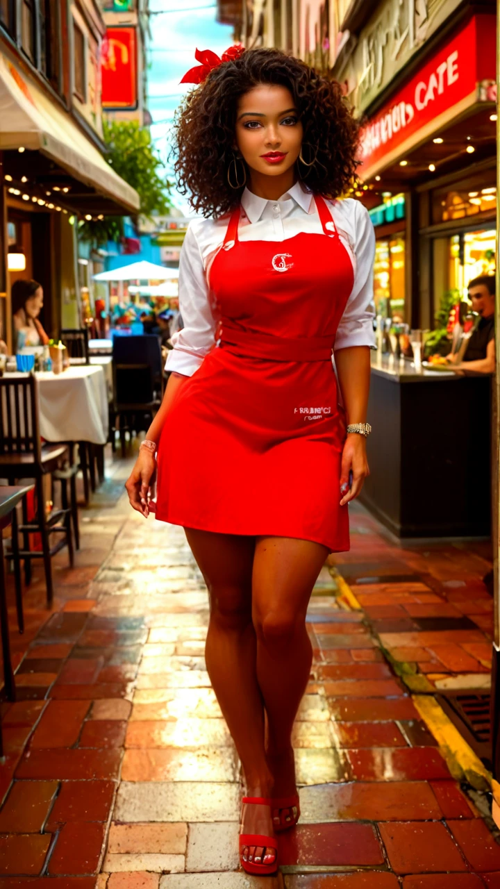 (masterpiece), best quality, expressive eyes, perfect face, Nude woman, dark skin, profession waitress, tattoo, eyes blue, hair red curly, big boobs, purpurea sandals-slippers, location: night city park cafe