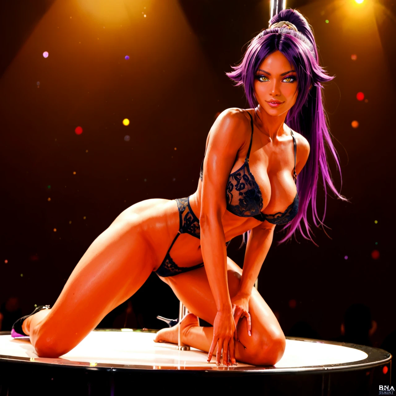 Sexy lingerie with suspenders, striptease scene, big breast, stripper pole, girl dancing at the pole, girl seen full-length, (naughty_face), @shihouin_yoruichi