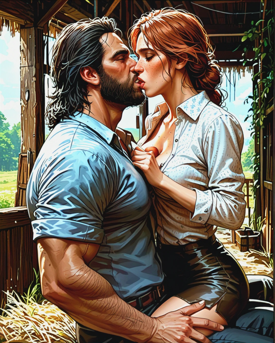 stables, man and woman, (kissing_neck), size difference, bearded sheriff, red dead redemption, (grinding) , (undressing) , (straddling_paizuri)