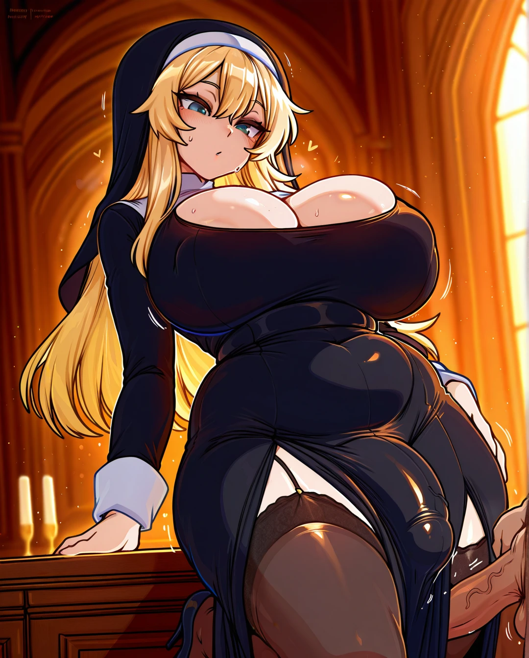 merunyaa, wide hips, blonde, long hair, (gigantic_breasts), neckline, (sagging_breasts), (plump), tight nun outfit, stockings, dangling cock, hung futa, gigantic cock bulge, large cock, veiny cock, heels