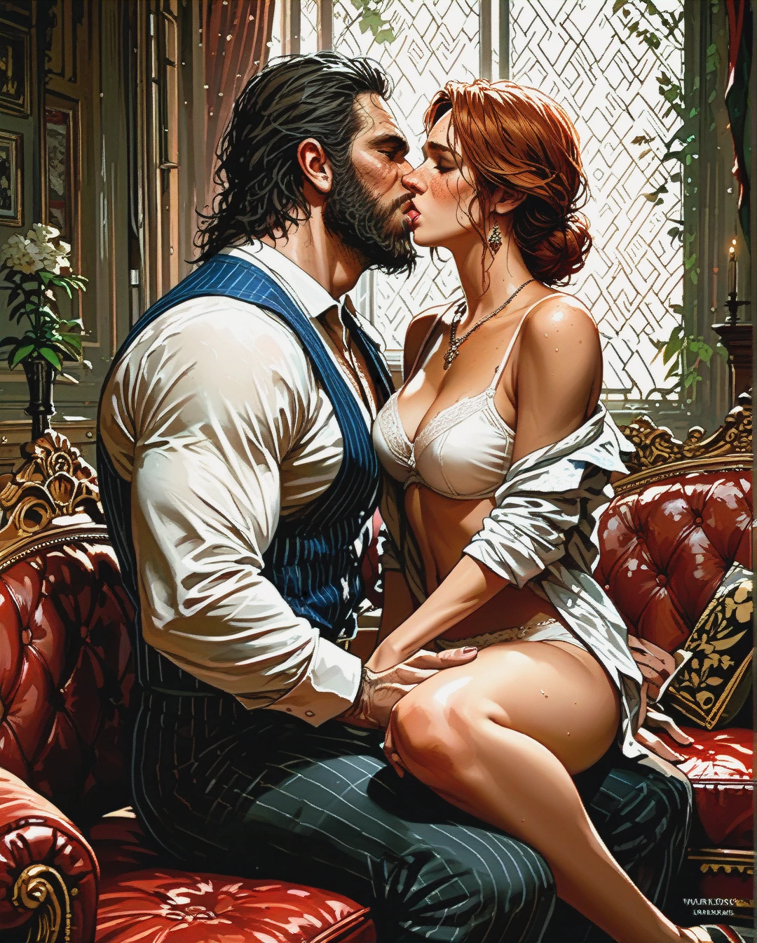 Sitting, man and woman, (kissing_neck), size difference, bearded sheriff, red dead redemption , (undressing) , (sex) , wild, passionate, panties,