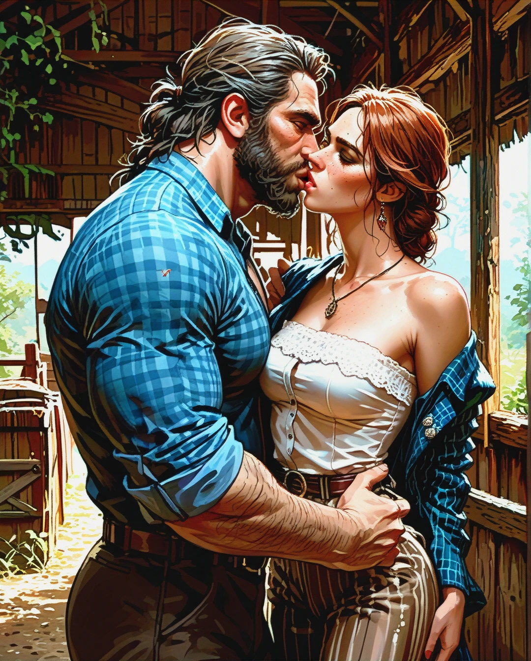 stables, man and woman, (kissing_neck), size difference, bearded sheriff, red dead redemption, (grinding) , (undressing) , (leaning_back)