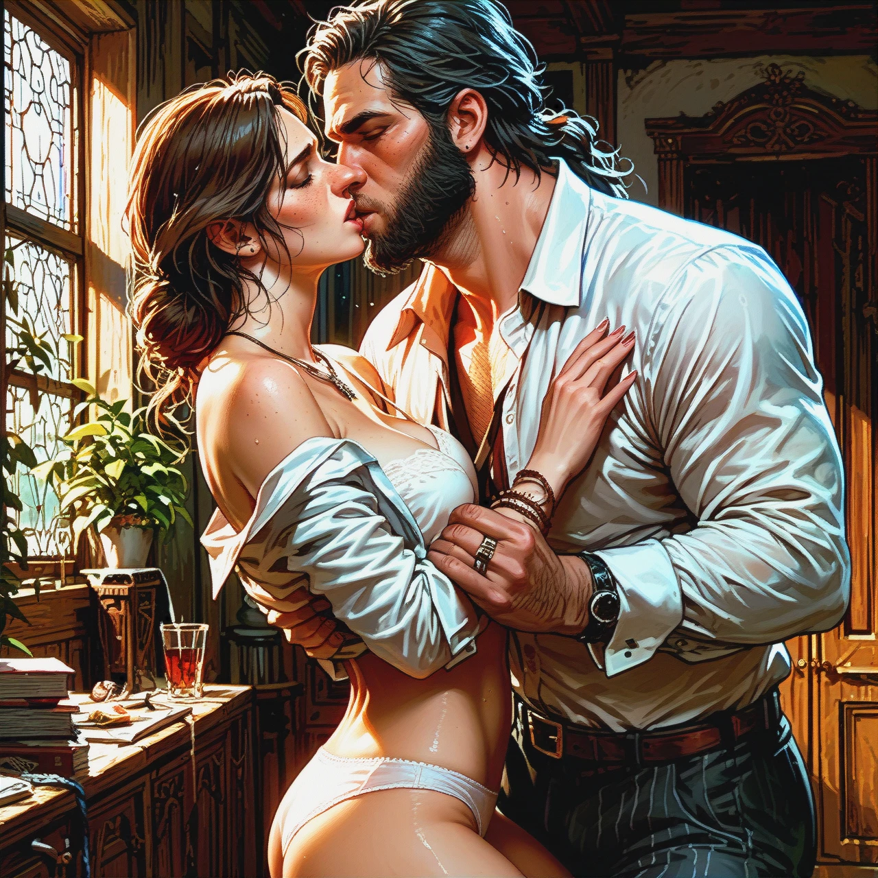 , man and woman, (kissing_neck), size difference, bearded sheriff, red dead redemption , (undressing) , (sex) , wild, passionate, panties,