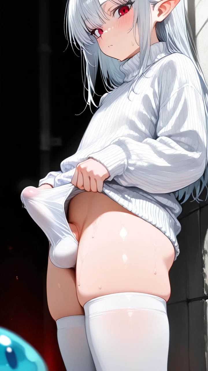 (otoko_no_ko), silver_hair, (red_eyes), pointy_ears, slime, penis_bulge, erection_under_clothes, white_sweater, white_thighhighs,