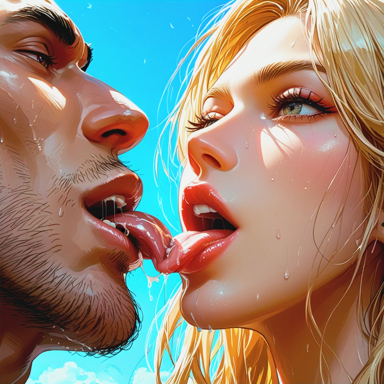 1boy, 1girl, , , , blonde boy licking nipple of nude girl with brown skin, close-up, beach