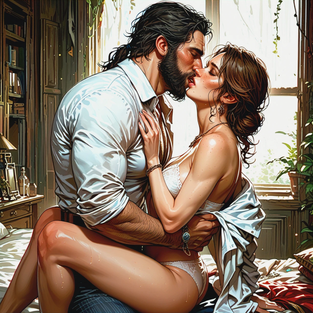 , man and woman, (kissing_neck), size difference, bearded sheriff, red dead redemption , (undressing) , (sex) , wild, passionate, panties,