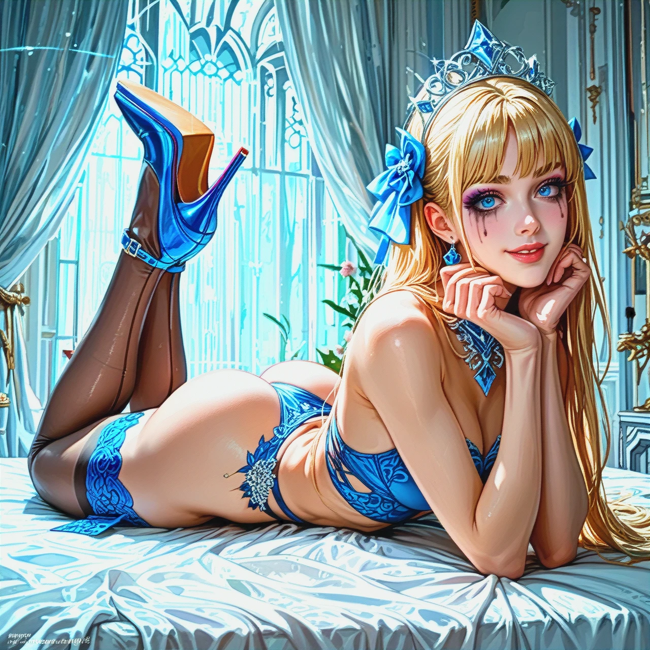 cute young skinny blonde with angelic face and beautiful smile with bright makeup, red developing hair, tight cloth top, narrow waist, beautiful hips, slender legs, beautiful eyes moist, long eyelashes, bright makeup, sapphire blue eyes, sunny, realistic. In very high heeled shoes and sexy stockings  (skinny)  (hands_on_ass) (head_down)