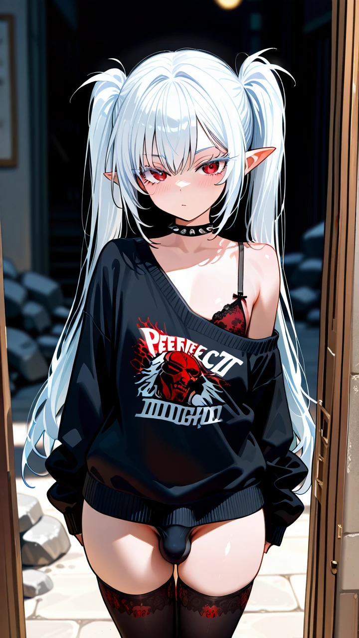 (otoko_no_ko), (red_eyes), white_eyelashes, white_hair, long_hair, twin_ponytails, big_eyelashes, pointy_ears, choker_with_spikes, black_sweater, one_shoulder_naked, winter_thighhighs, rock_print, (bra), penis_bulge,