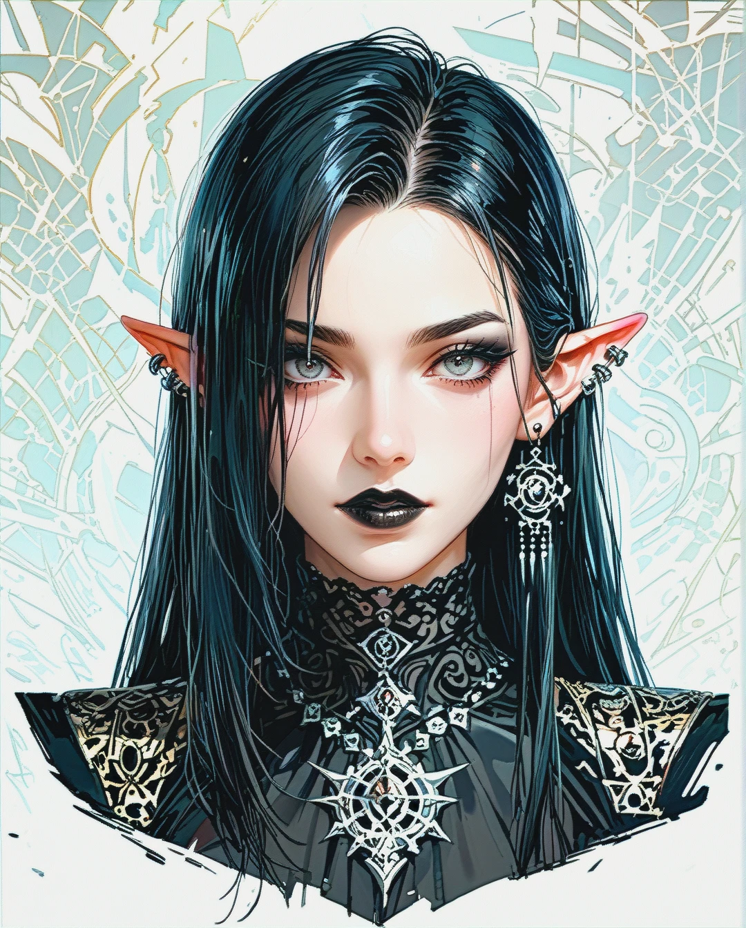 The image shows an animated character with long black hair and pointed ears. The character has a Gothic style: dark clothes, a choker around his neck and black lipstick. The character holds a makeup pencil in one hand nude body