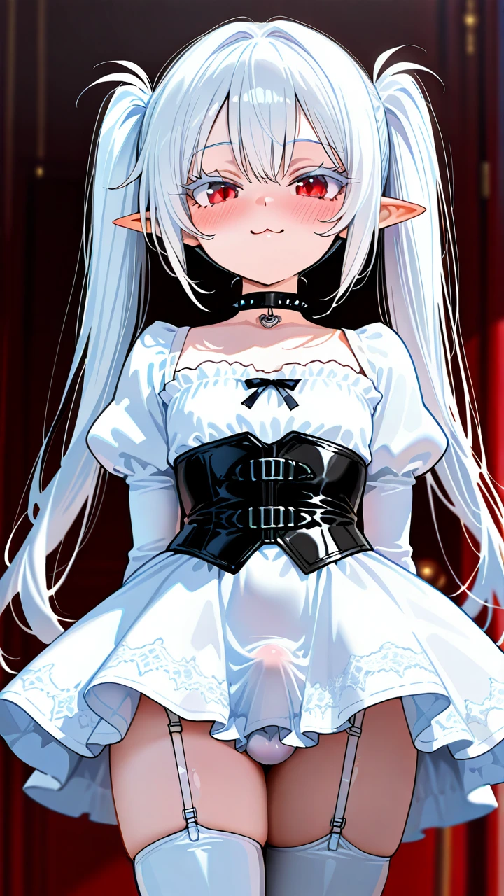 (otoko_no_ko), white_hair, (red_eyes), long_hair, white_eyelashes, pointy_ears, twin_ponytails, :3, (blush), white_dress, (bustier), leather_belts, puffed_sleeves, white_high_thigh_boots, choker_with_spikes, garter_straps, penis_bulge, (underbust),